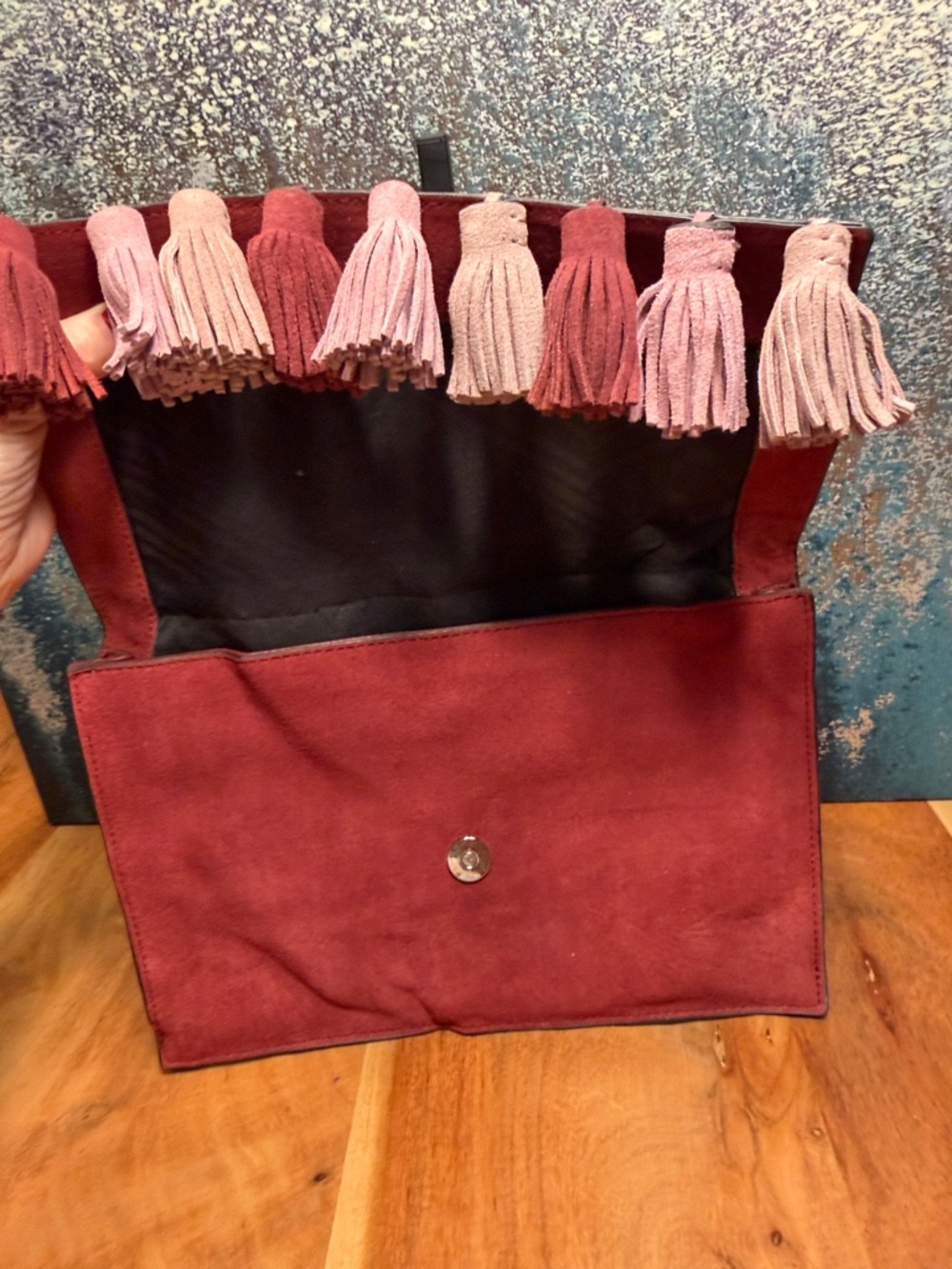 Rebecca Minkoff Boho Finn Tassel Suede Leather Crossbody Clutch Burgundy (GUC) - Picture 9 of 17